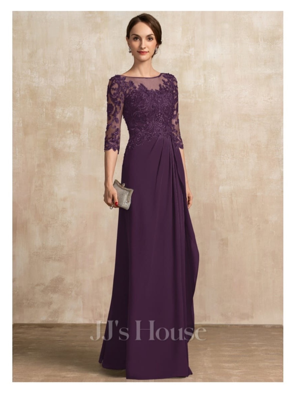 JJs House Plum Purple Long Sleeve Lace Evening Gown